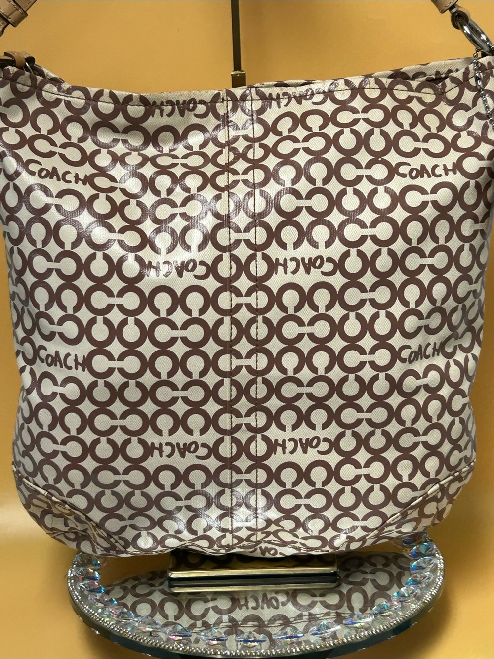 Coach Brown Logo-Print Tote in Cream Background approximately 14 x 13 x 5